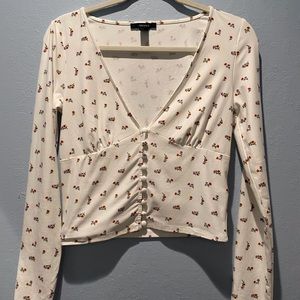 White V Neck Top with Floral Print